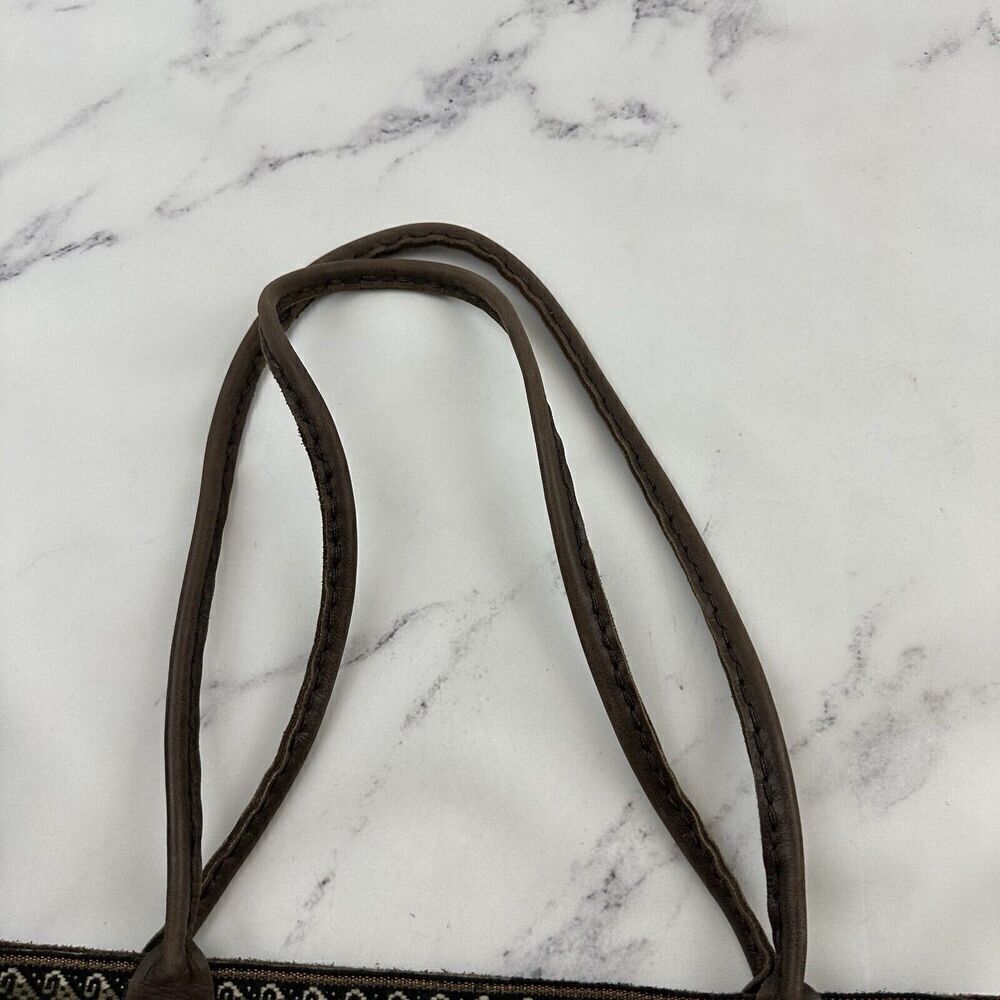 Unbranded Leather Tote Shoulder Bag Purse Dark Brown Woven Boho Trim Large - Picture 2 of 12